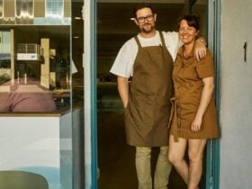 The two owners of Bertie's Ballina in the doorway of their cafe