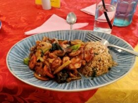 Chinese dish with fried rice on the side.