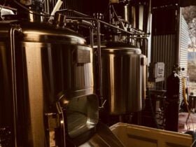 A photo of the brewery itself, two large silver tanks