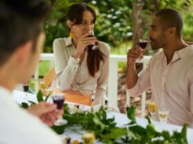 Couple enjoying a chocolate and wine pairing experience at Firescreek Winery