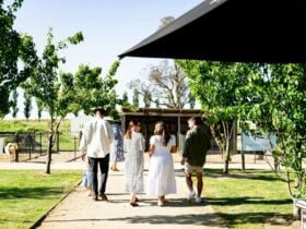 a group of adults stroll down a gravel pathway in the garens of the Dellar Door