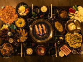 Top view of all of Jiggle's dishes on a bbq table.