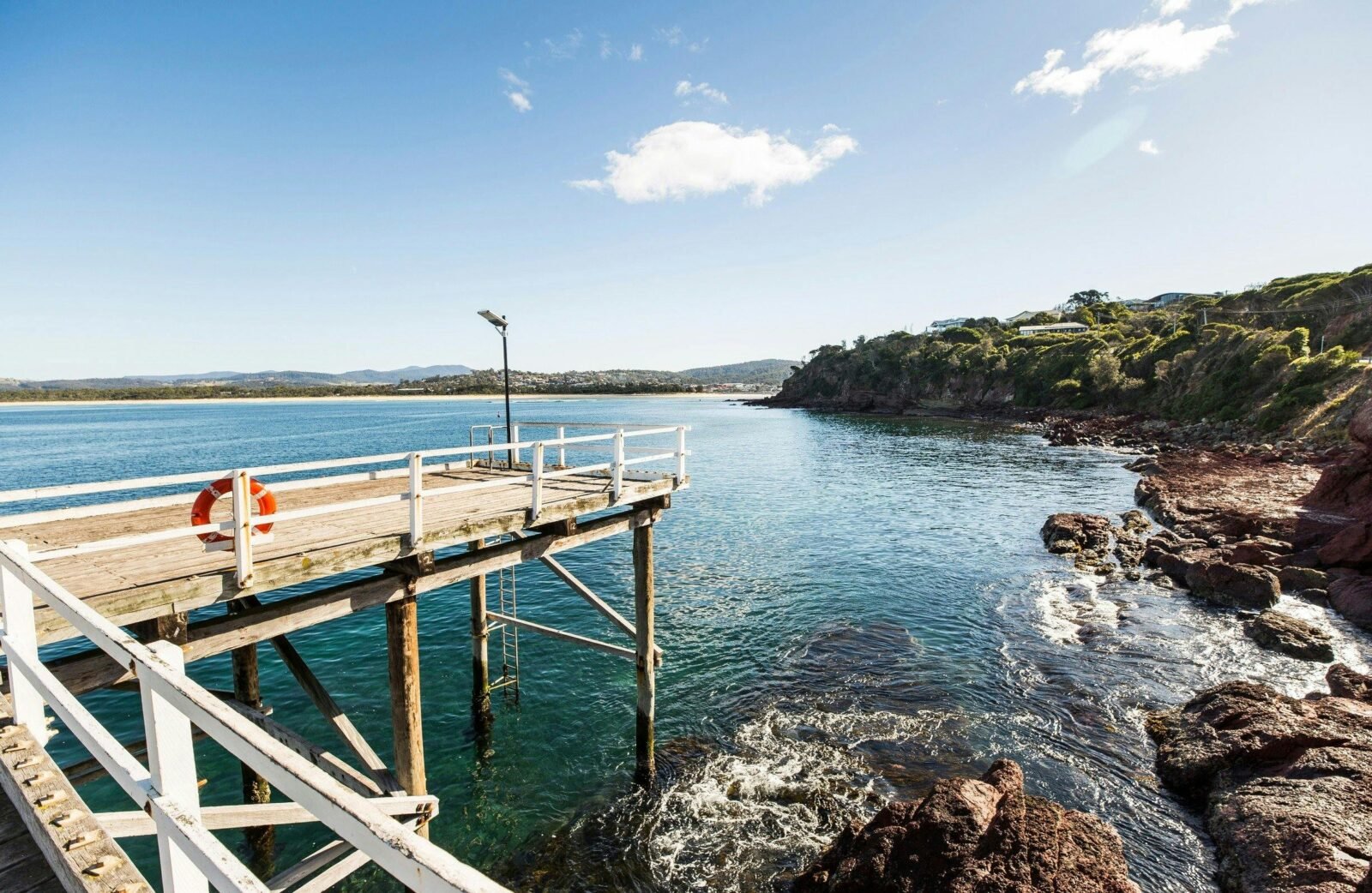 Scenic coastal views across Merimbula Bay from Merimbula wharf