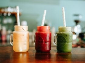 Assortment of colourful juices on countertop
