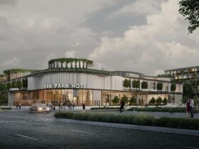 Artist view of completed hotel from street