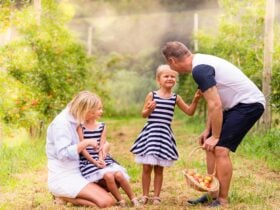 Family enjoying a day of fruit picking at Pine Crest Orchard, Bilpin