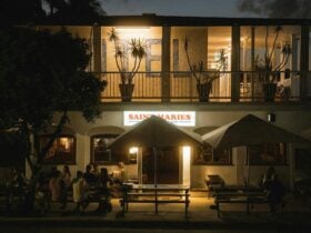 Saint Maries shop front at dusk