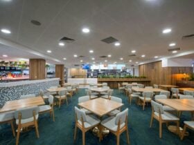 Image of tables set out with a bar