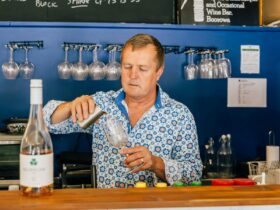 Owner Jeremy Clarke pouring a glass of Hilltops rose by Ballinaclash.