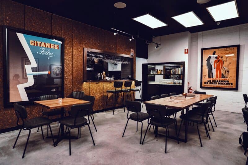 A wide shot of our wine bar with the lights illuminated.