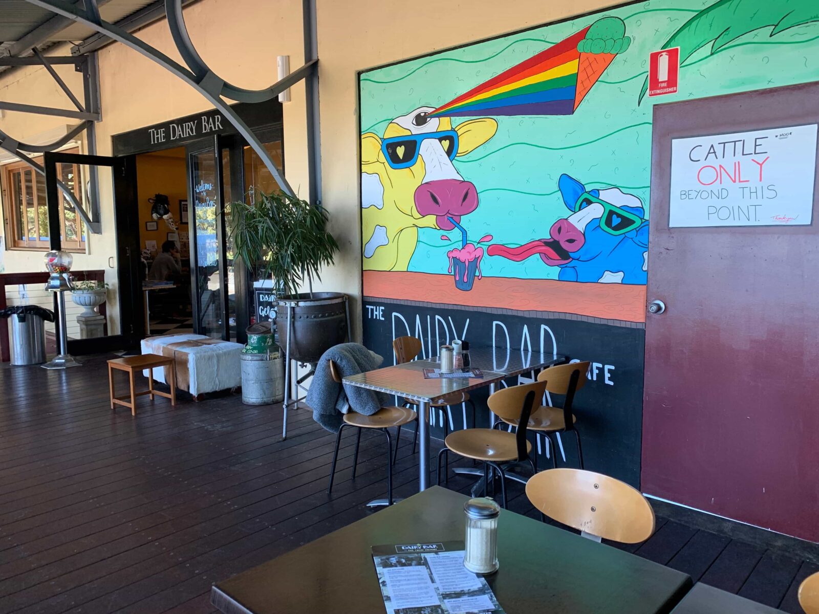 Outdoor deck at The Dairy Bar Berry. Overlooking dairy farm pastures. Indoor seating available.