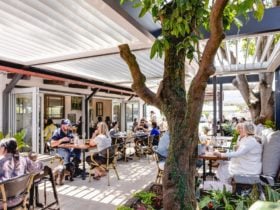 All-Weather covered outdoor dining, with vergola awning and shutters that let in the light