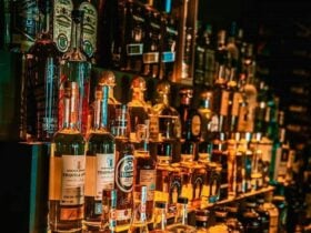 Stocked bar with alcoholic beverages