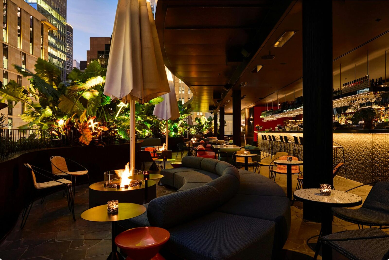 Rooftop bar with fires