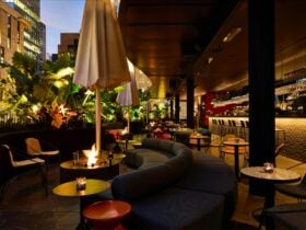 Rooftop bar with fires