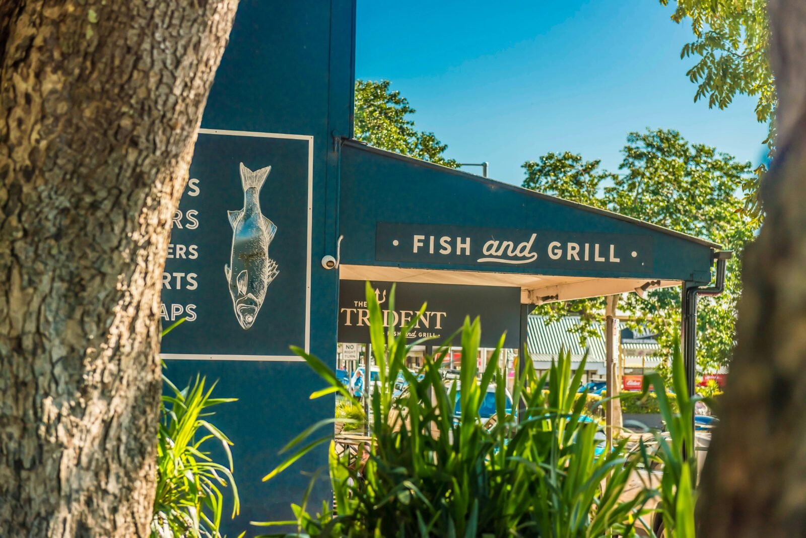 Image of an navy blue fish and chip shop exterior with trees nearby