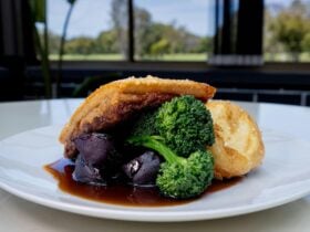 Crispy Pork Belly with roast potato, broccolini & beetroot with a red wine jus