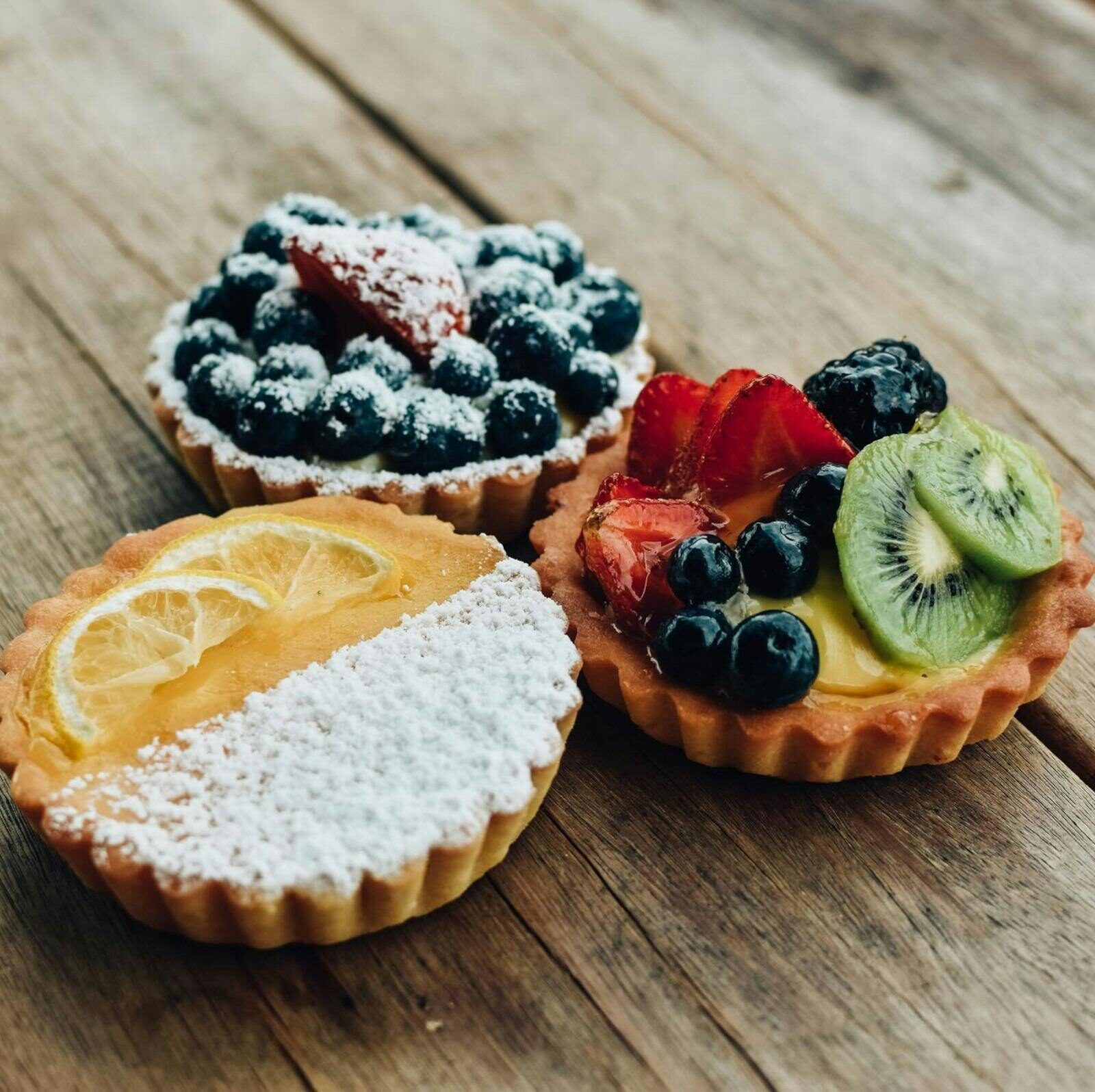3 colourful lemon and fruit tarts