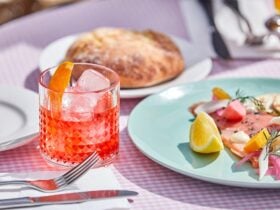 Local smoked Trout with pickles, foccacia bread and negroni cocktail