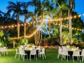 Round dinner tables set up under festoon lighting amongst the lush green gardens