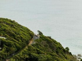 Aerial view of mountains meeting the sea.