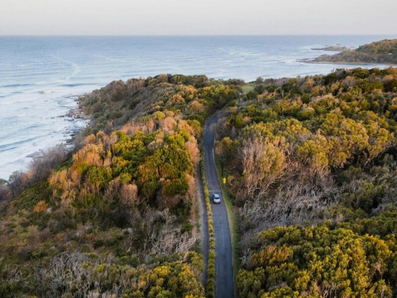 Aerial view of mountains meeting the sea