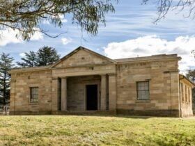 The exterior of Hartley Courthouse framed by trees in Hartley Historic Site. Photo: Jennifer Leahy