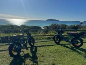 2 e-bikes on grass near Bennetts beach, Hawks Nest