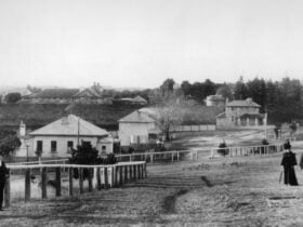 Berrima Main Street in 1860s with people walking