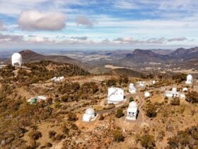 Birds eye view of Siding Spring Observatory containing all of the international telescope domes