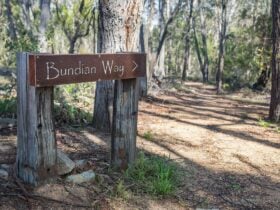 Artistic wooden and rusted corten steel sign reading Bundian Way at entrance to path