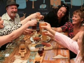Group celebrating at a brewery tours