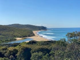 A view of forests, a lagoon and a beach