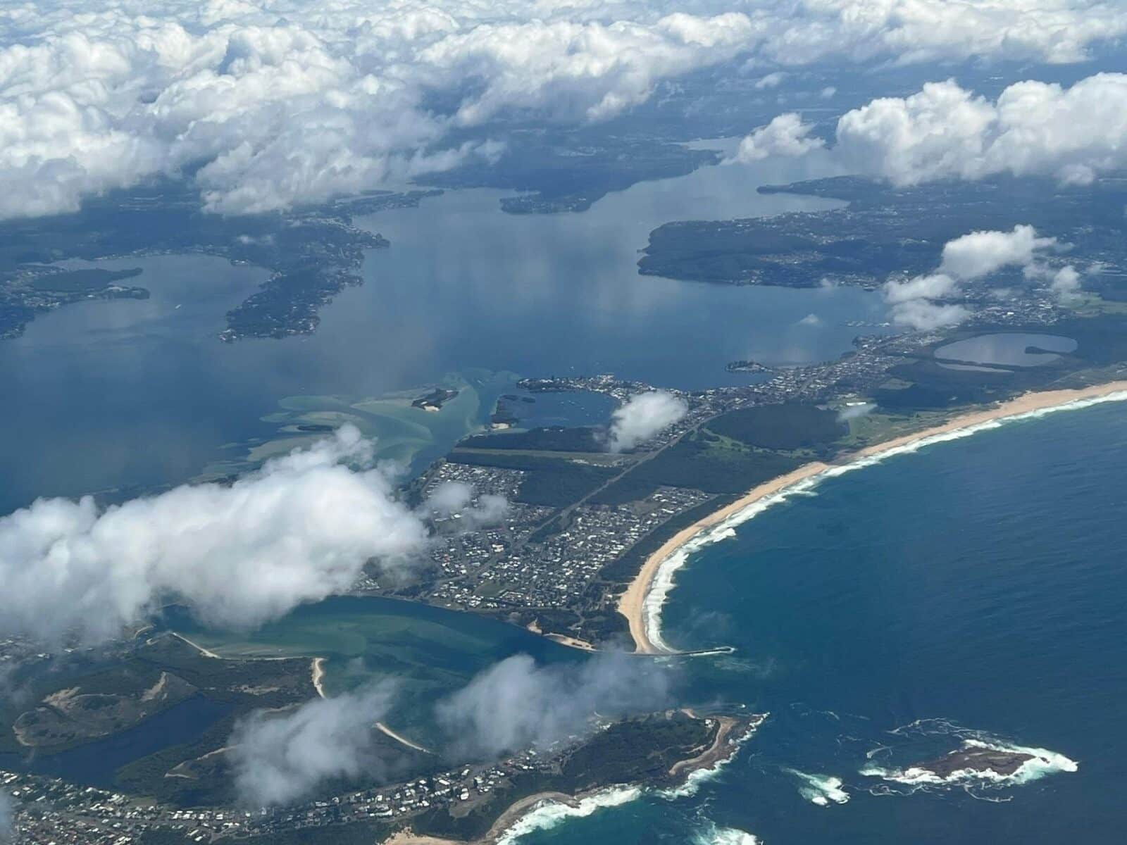 Lake Macquarie Airport surrounded by lake, ocean and Swansea Channel.