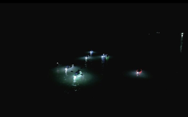 Aerial photo of night kayak tour