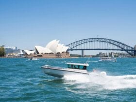 Luxury motor yacht cruising on Sydney Harbour with city skyline in the background