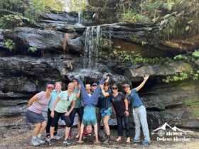 Women standing in front of a waterfall, one with arms in the air, one doing a handstand