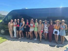 hens standing outside their party bus hire