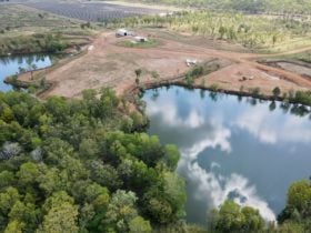 Aerial shot with park and dams