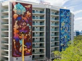 Image of two murals on a large building.