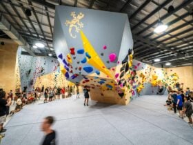 Photo of large bouldering wall.