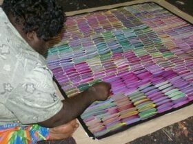 Aboriginal artist Jeannie Mills painting Anaty - Desert Yam