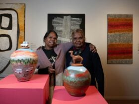 Andrea Pungarta Rontji and Hayley Panangka Coulthard, Hermmansburg Potter, Desert Mob Opening 2025.