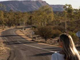 A young tourist enjoying the scenic natural views along an empty road