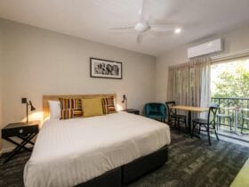 Pillow top King bed, fully self contained kitchen, spacious bathroom and desk/work space.