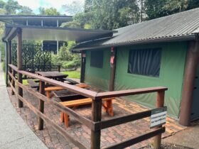 Image shows the exterior courtyard and fire pit of the Safari Tents