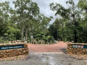 The entrance to the camping area showing rock walls with park signs and a forested area beyond