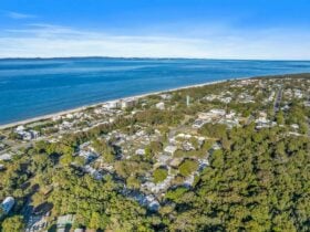 Aerial View of Bribie Island Caravan Park Looking out over to Woorim Surf Beach and Morton Bay