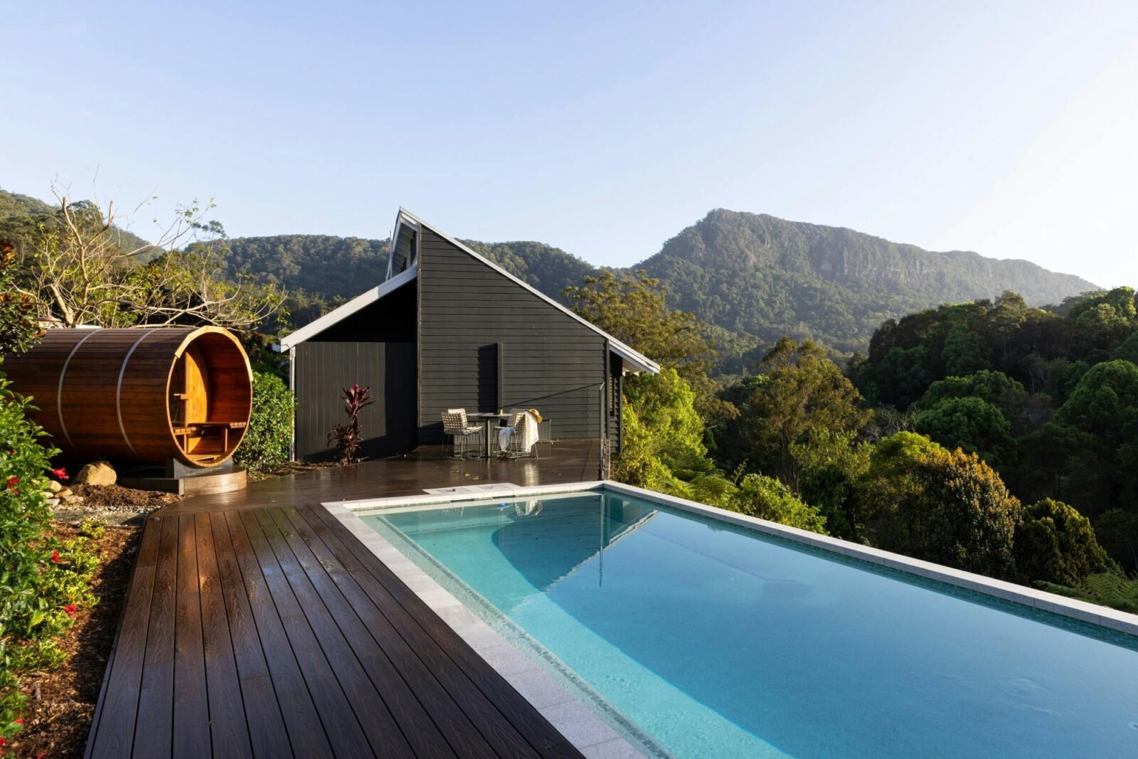 View of infinity pool and sauna overlooking Currumbin Valley