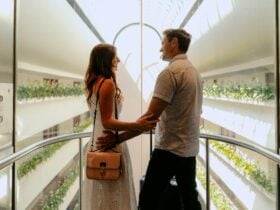The view of the atrium and lift capsules from the hotel lobby